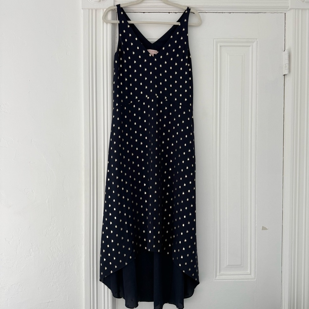 Ted Baker Printed Navy Blue Metallic-Dot High low Dress - Picture 3 of 13